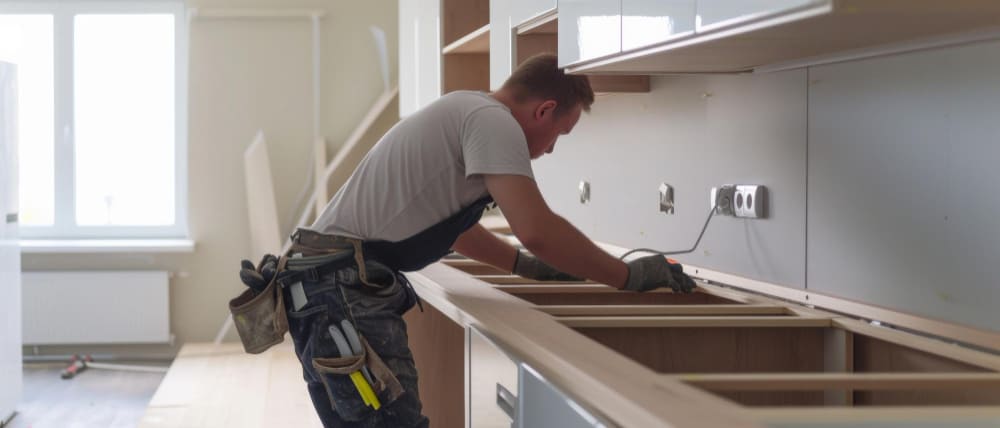 Point of view of a young handyman using a power drill to fix a door in a kitchen cabinet